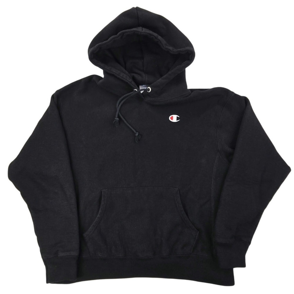 Champion Vintage Reverse Weave Ladies Large L Black Hoodie Pullover Women EUC